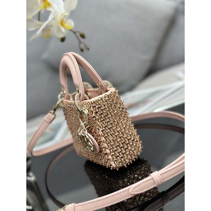 Dior Women CD Mini Lady Bag Square-Motif Embroidery Set Pink Strass White Round Beads