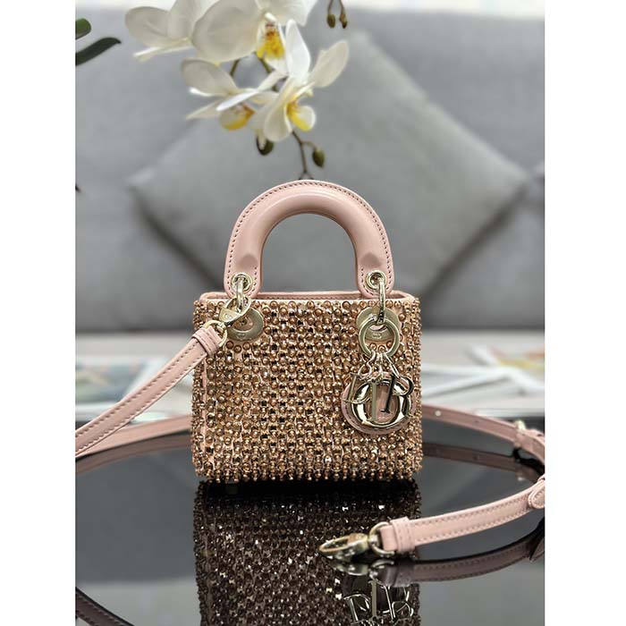 Dior Women CD Mini Lady Bag Square-Motif Embroidery Set Pink Strass White Round Beads