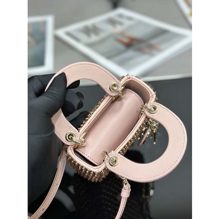 Dior Women CD Mini Lady Bag Square-Motif Embroidery Set Pink Strass White Round Beads