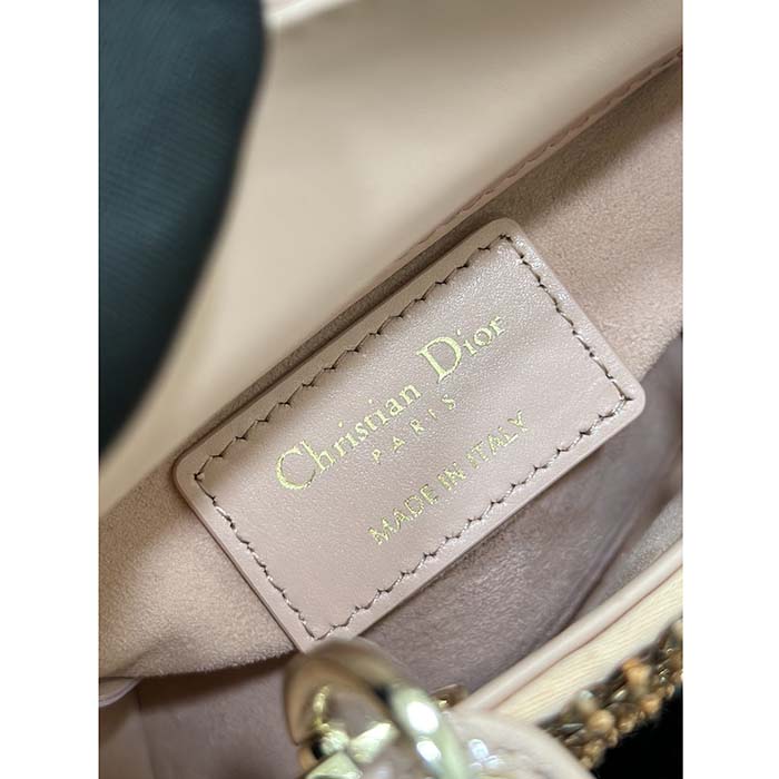 Dior Women CD Mini Lady Bag Square-Motif Embroidery Set Pink Strass White Round Beads