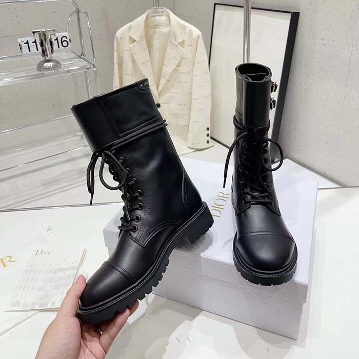 Dior Women CD Shoes D-Trap Ankle Boot Black Calfskin Shearling