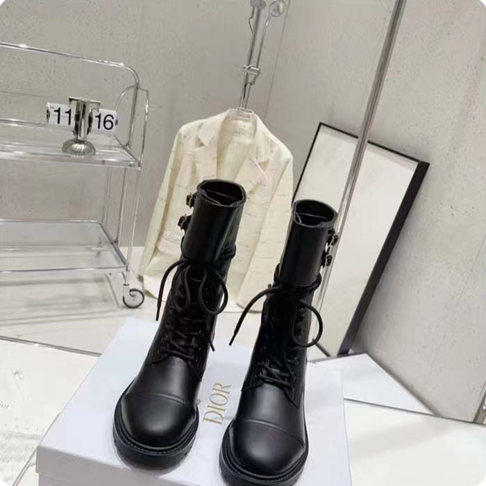 Dior Women CD Shoes D-Trap Ankle Boot Black Calfskin Shearling
