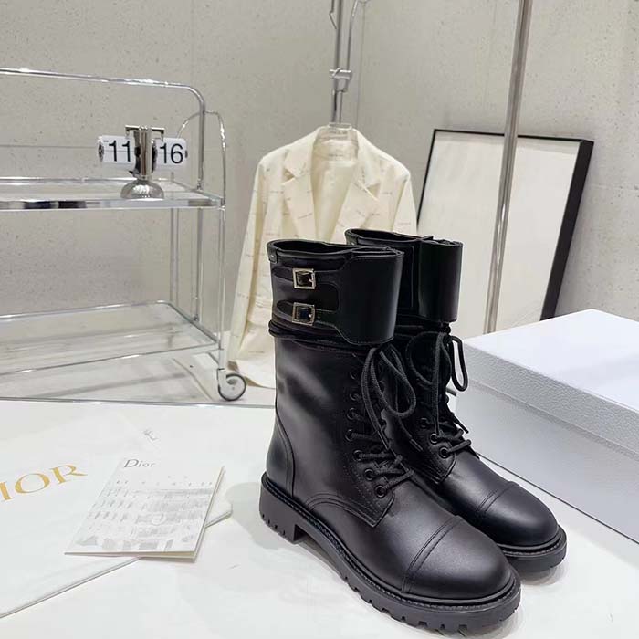 Dior Women CD Shoes D-Trap Ankle Boot Black Calfskin Shearling