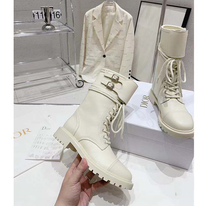 Dior Women CD Shoes D-Trap Ankle Boot White Calfskin Shearling