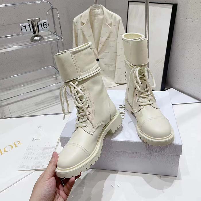 Dior Women CD Shoes D-Trap Ankle Boot White Calfskin Shearling