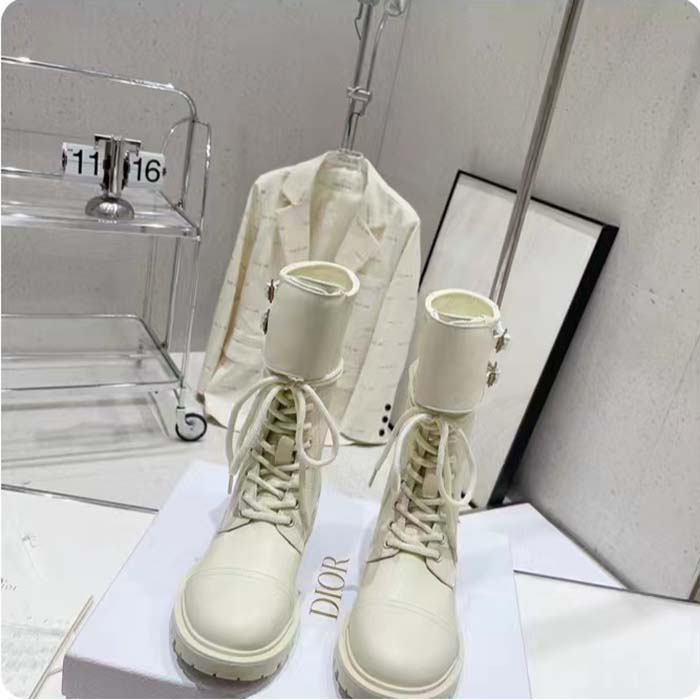Dior Women CD Shoes D-Trap Ankle Boot White Calfskin Shearling