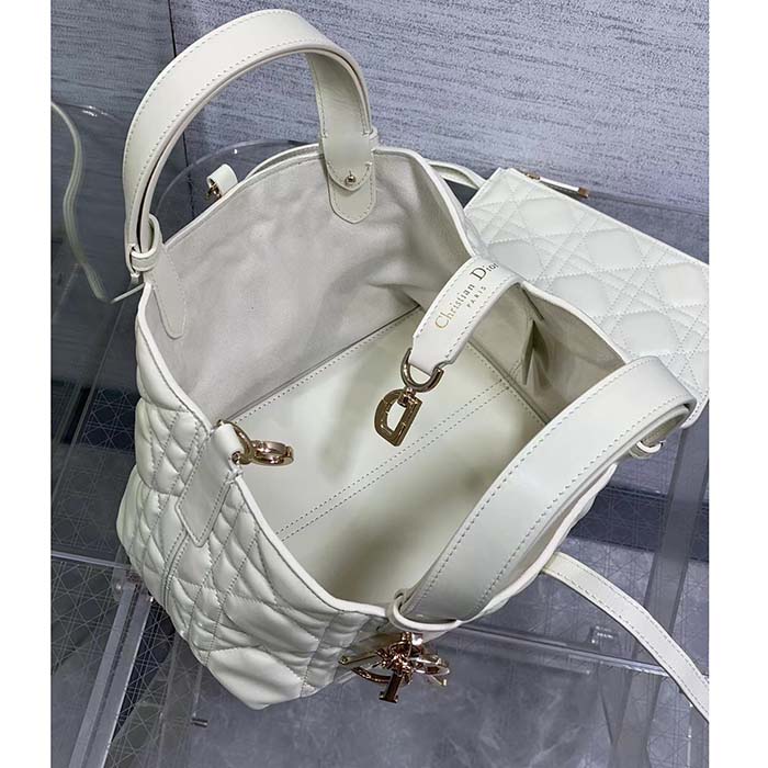 Dior Women CD Small Dior Toujours Bag Latte Macrocannage Calfskin Lock Strap Closures