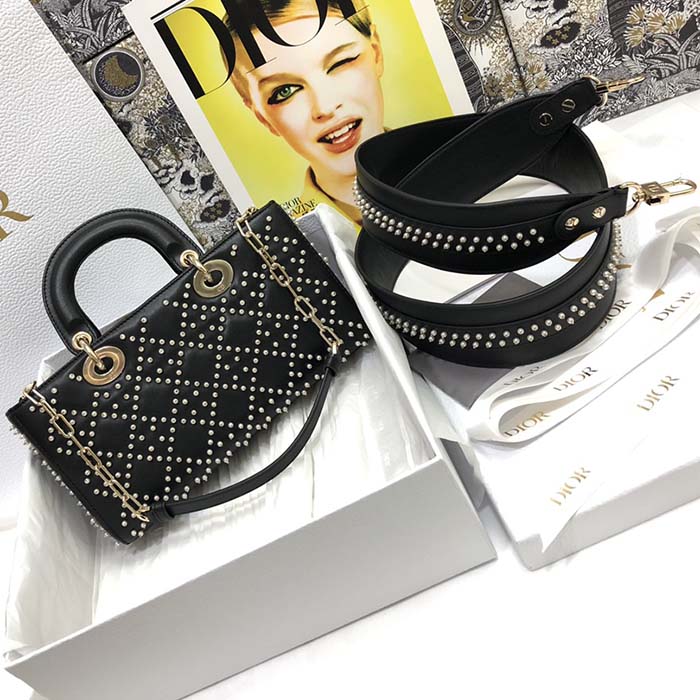 Dior Women CD Small Lady D-Joy Bag Black Crinkle-Effect Lambskin White Resin Half-Pearl Cannage