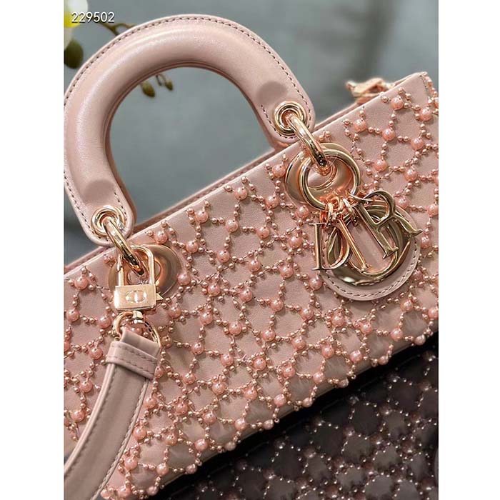Dior Women CD Small Lady D-Joy Bag Rose Des Vents Cannage Calfskin Embroidered Resin Pearls