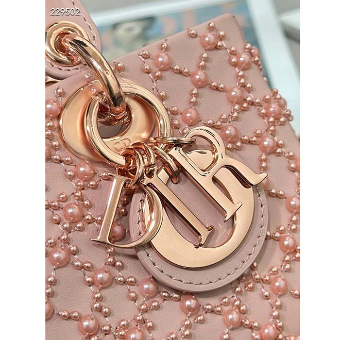 Dior Women CD Small Lady D-Joy Bag Rose Des Vents Cannage Calfskin Embroidered Resin Pearls