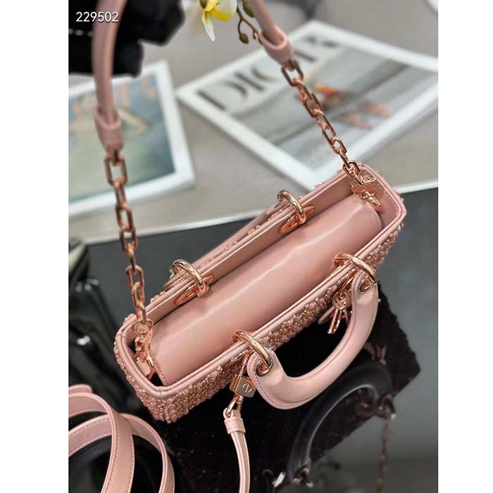 Dior Women CD Small Lady D-Joy Bag Rose Des Vents Cannage Calfskin Embroidered Resin Pearls