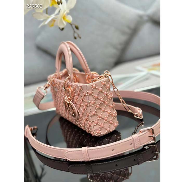 Dior Women CD Small Lady D-Joy Bag Rose Des Vents Cannage Calfskin Embroidered Resin Pearls