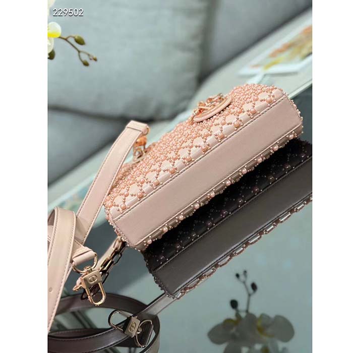 Dior Women CD Small Lady D-Joy Bag Rose Des Vents Cannage Calfskin Embroidered Resin Pearls