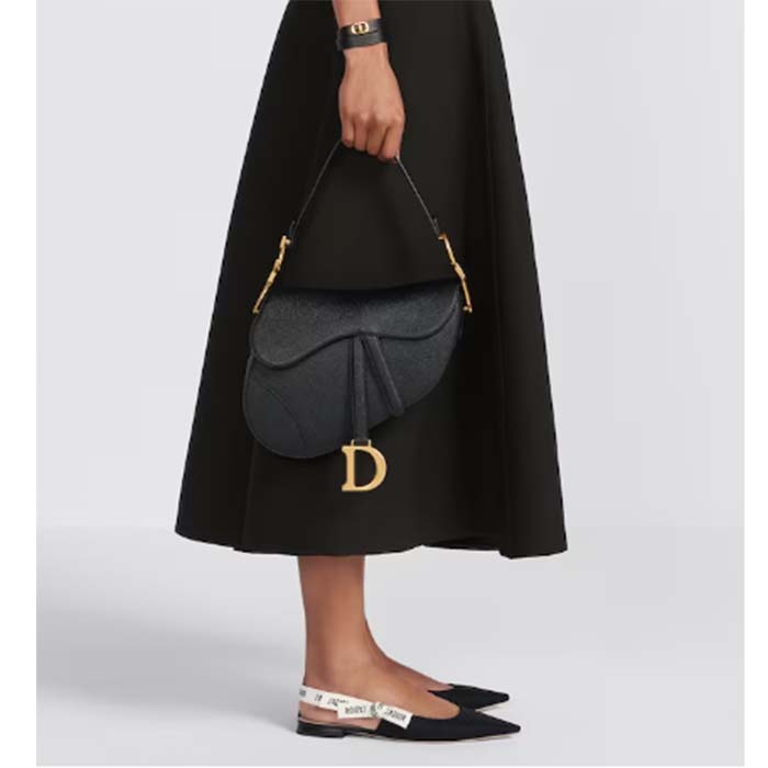 Dior Women Saddle Bag Strap Black Grained Calfskin CD Signature Interior Back Pocket