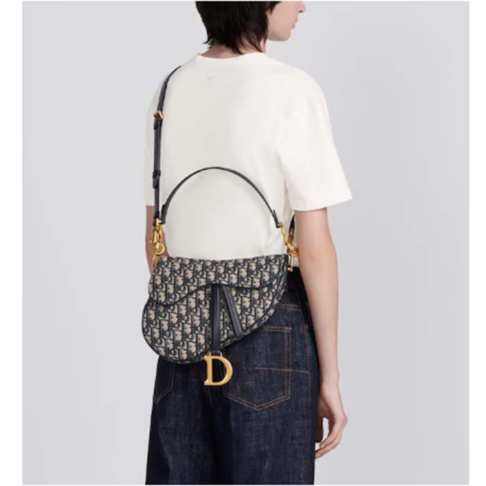 Dior Women Saddle Bag Strap Blue Dior Oblique Jacquard CD Signature Interior Back Pocket