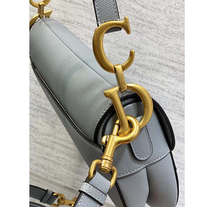 Dior Women Saddle Bag Strap Gray Grained Calfskin CD Signature Interior Back Pocket