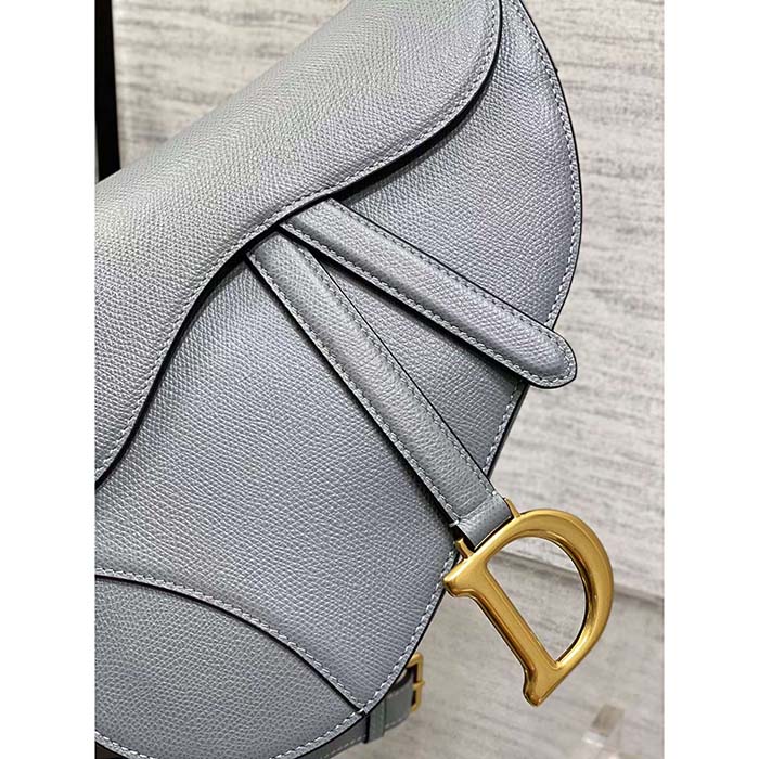 Dior Women Saddle Bag Strap Gray Grained Calfskin CD Signature Interior Back Pocket