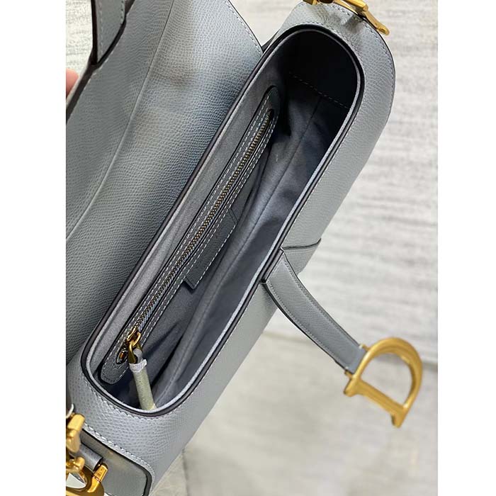Dior Women Saddle Bag Strap Gray Grained Calfskin CD Signature Interior Back Pocket