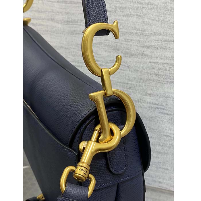 Dior Women Saddle Bag Strap Indigo Blue Grained Calfskin CD Signature Interior Back Pocket