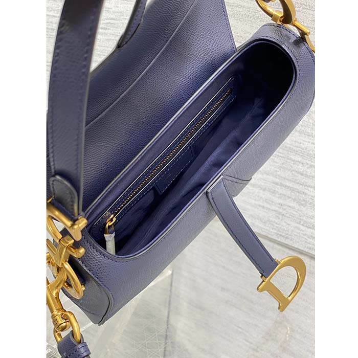 Dior Women Saddle Bag Strap Indigo Blue Grained Calfskin CD Signature Interior Back Pocket
