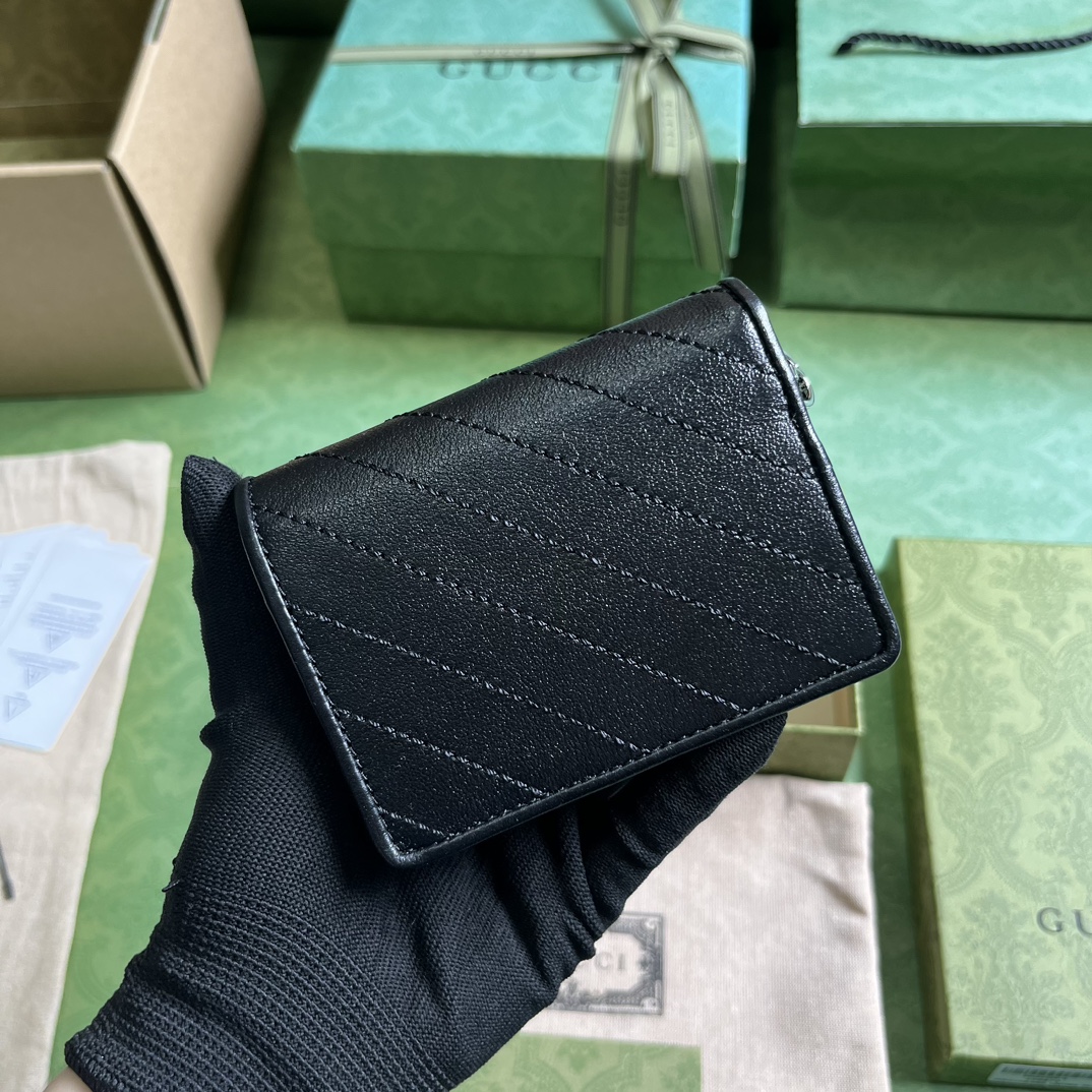 Gucci GG Unisex Blondie Card Case Wallet Black Leather Taffeta Lining Round Interlocking G