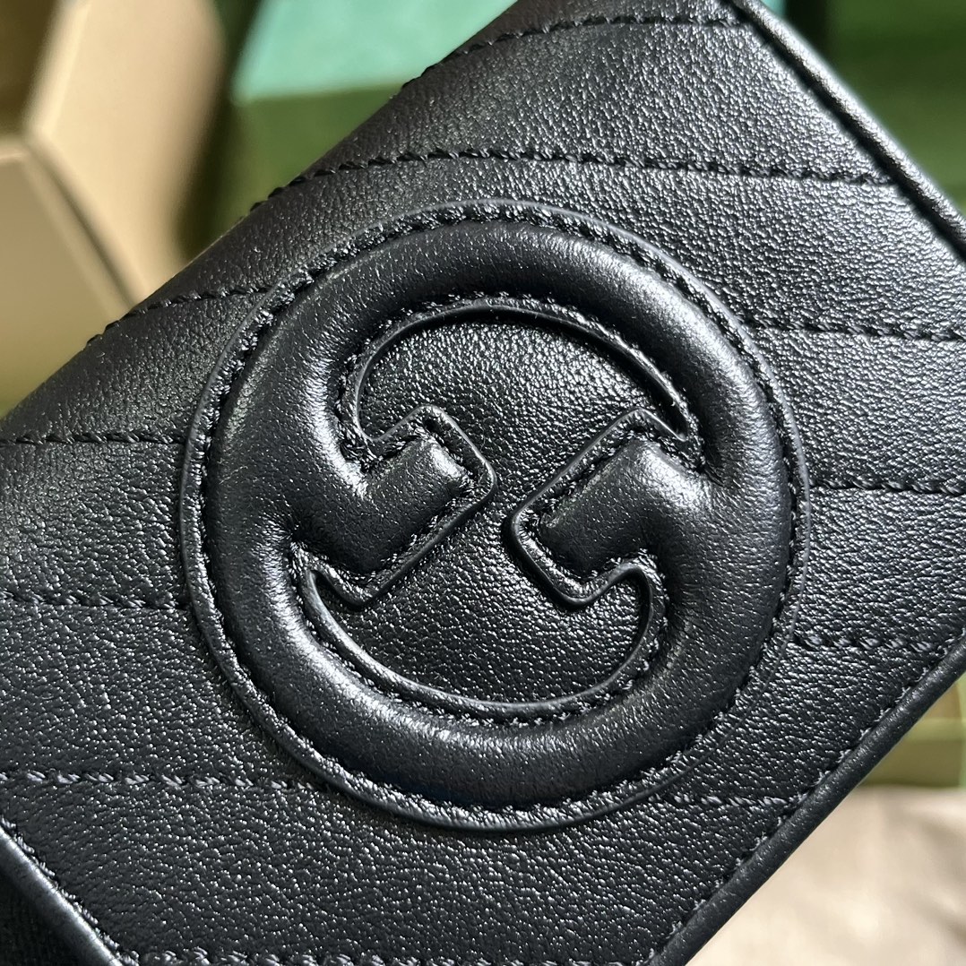 Gucci GG Unisex Blondie Card Case Wallet Black Leather Taffeta Lining Round Interlocking G