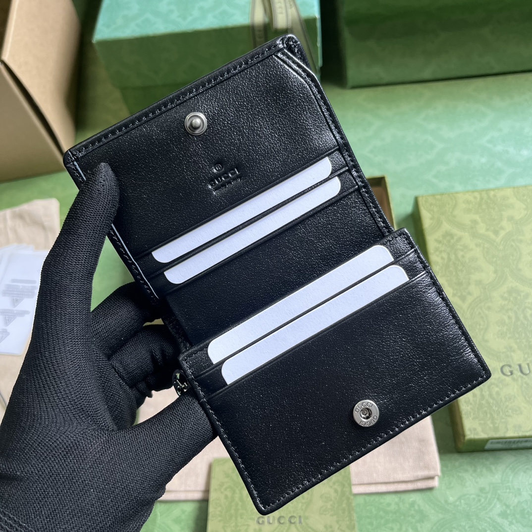 Gucci GG Unisex Blondie Card Case Wallet Black Leather Taffeta Lining Round Interlocking G