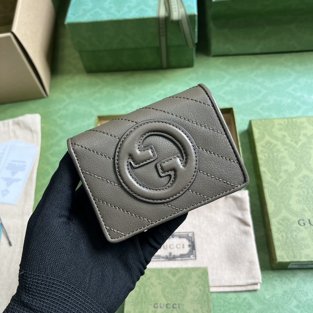 Gucci GG Unisex Blondie Card Case Wallet Brown Leather Taffeta Lining Round Interlocking G