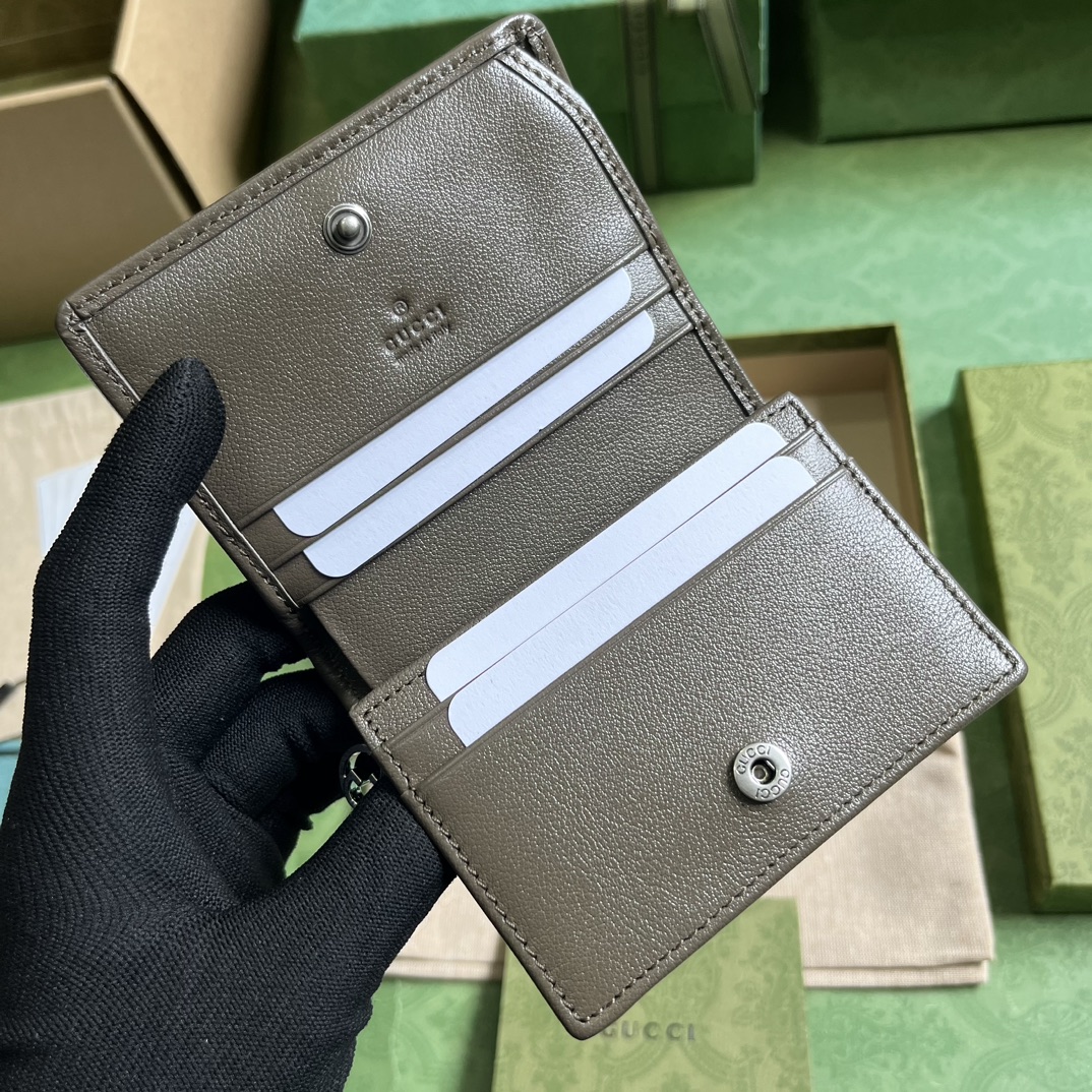 Gucci GG Unisex Blondie Card Case Wallet Brown Leather Taffeta Lining Round Interlocking G
