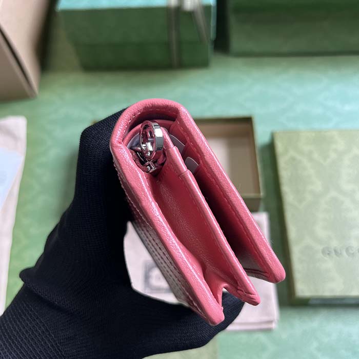 Gucci GG Unisex Blondie Card Case Wallet Pink Leather Taffeta Lining Round Interlocking G