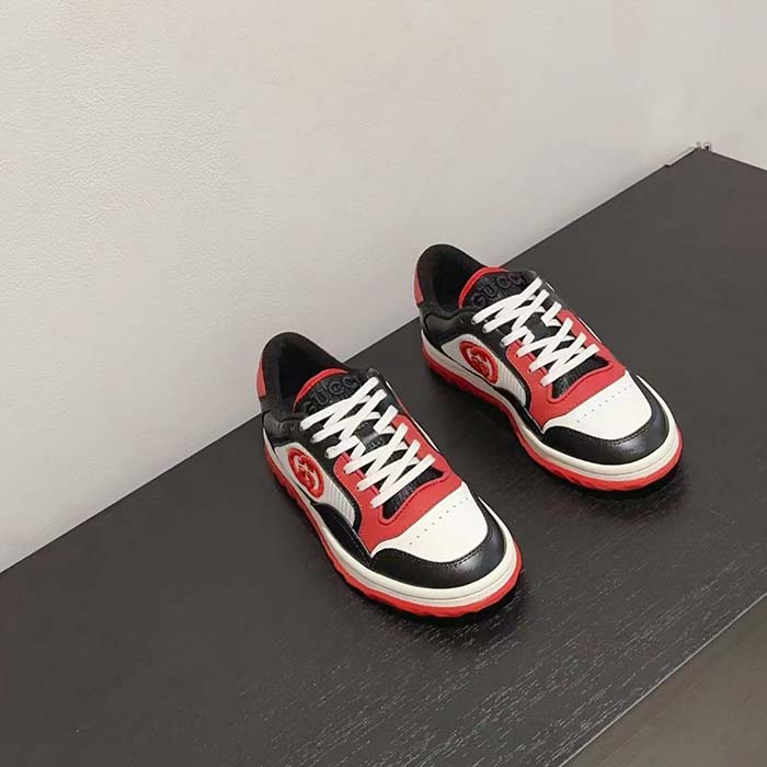 Gucci GG Unisex MAC80 Sneaker Black Red Leather White Fabric Interlocking G Embroidery Round Toe Rubber