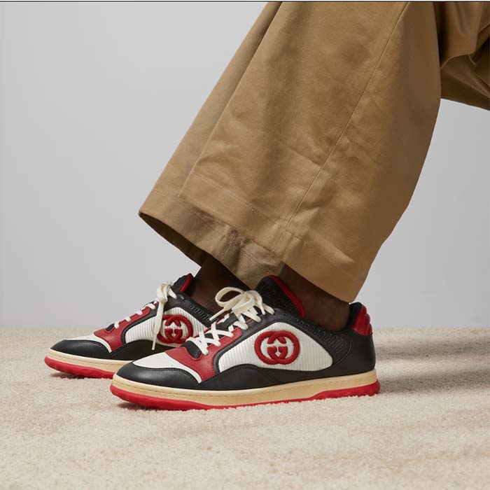 Gucci GG Unisex MAC80 Sneaker Black Red Leather White Fabric Interlocking G Embroidery Round Toe Rubber
