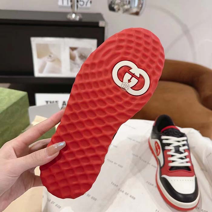 Gucci GG Unisex MAC80 Sneaker Black Red Leather White Fabric Interlocking G Embroidery Round Toe Rubber