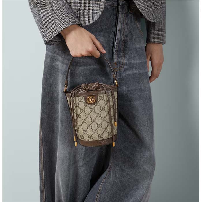 Gucci GG Unisex Ophidia Mini Bucket Bag Beige Ebony GG Supreme Double G