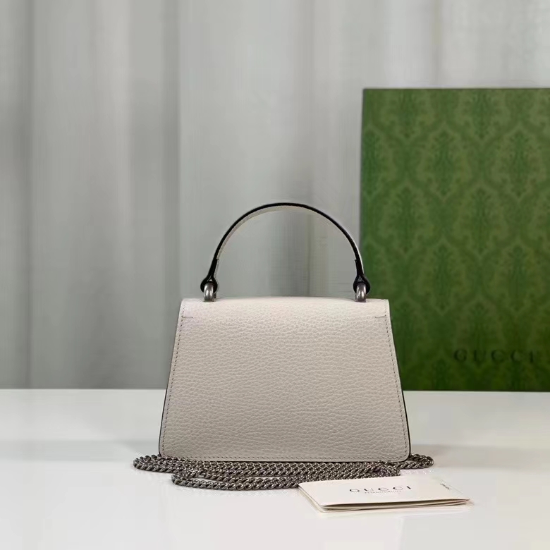 Gucci GG Women Dionysus Mini Top Handle Bag White Leather Crystal Hardware Tiger Head Closure