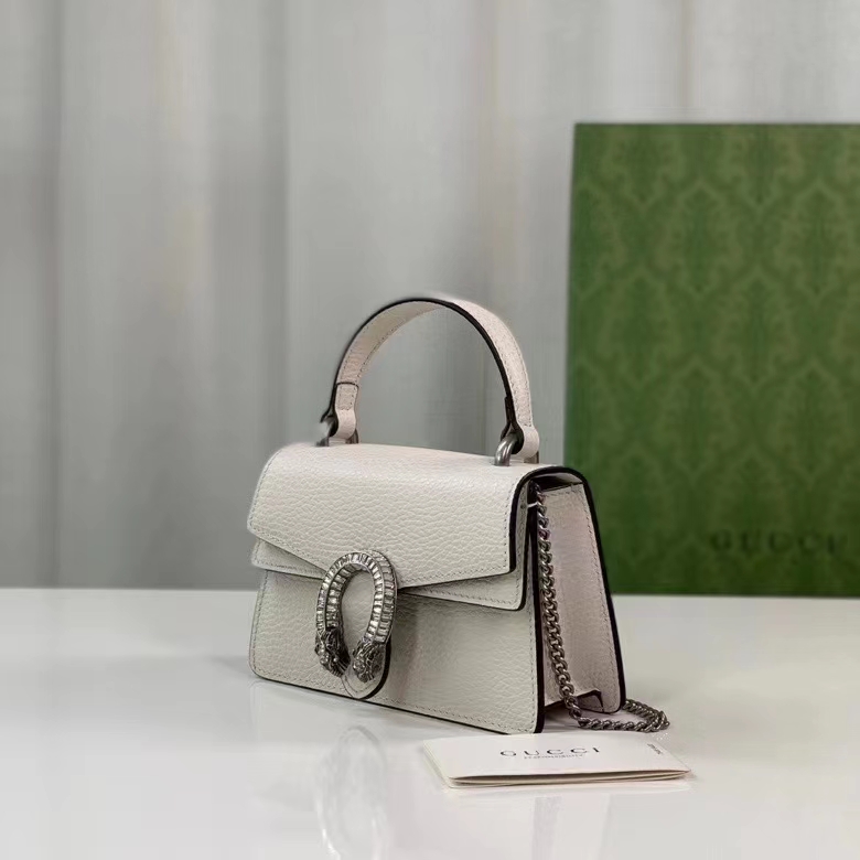 Gucci GG Women Dionysus Mini Top Handle Bag White Leather Crystal Hardware Tiger Head Closure