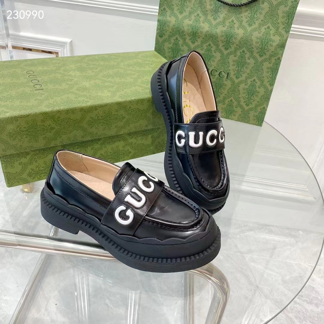 Gucci GG Women Gucci Loafer Black White Leather Scalloped Script Rubber Sole Mid-Heel