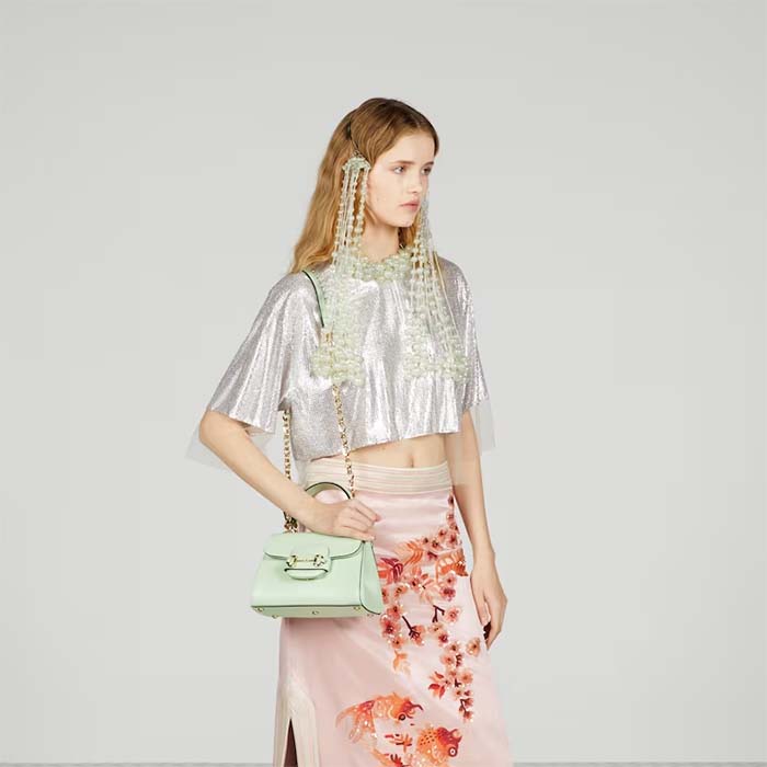Gucci GG Women Horsebit 1955 Mini Bag Top Handle Bag Light Green Leather