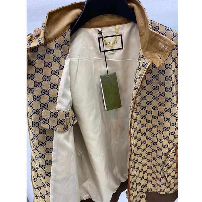 Gucci Men GG Cotton Canvas Zip Jacket Beige Blue Leather Lined Stand Collar Buttons