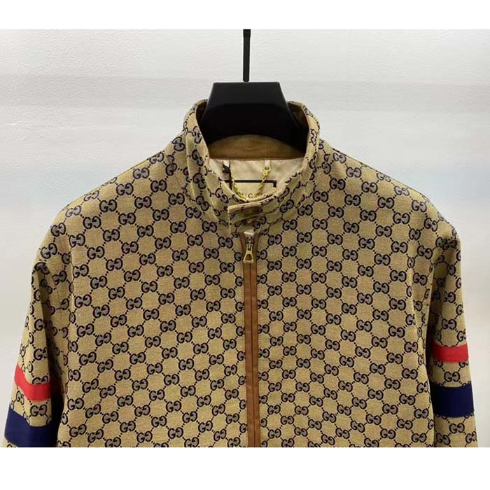 Gucci Women GG Cotton Canvas Zip Jacket Beige Blue Leather Lined Stand Collar Buttons