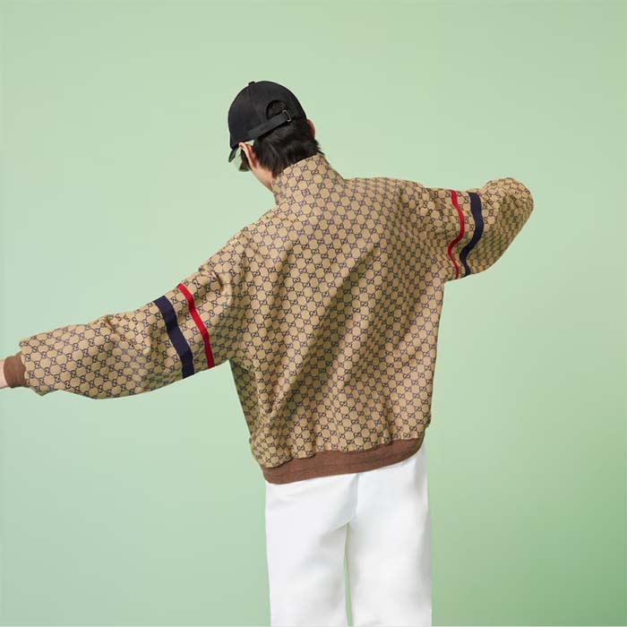 Gucci Men GG Cotton Canvas Zip Jacket Beige Blue Leather Lined Stand Collar Buttons