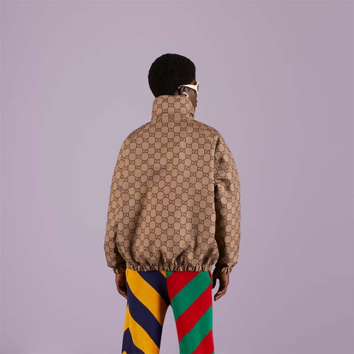 Gucci Men Reversible Poplin Jacket Black Polyester Piping Green Red Beige Ebony GG Canvas