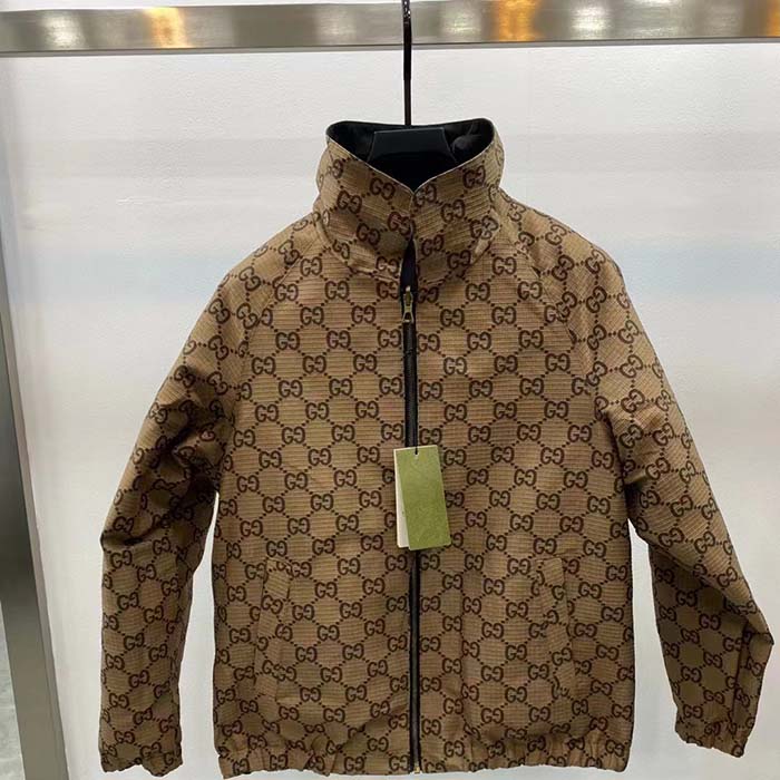 Gucci Women Reversible Poplin Jacket Black Polyester Piping Green Red Beige Ebony GG Canvas