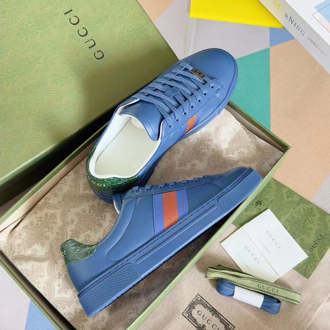 Gucci Unisex Ace GG Crystal Canvas Sneaker Blue Green Red Web Rubber Low Heel