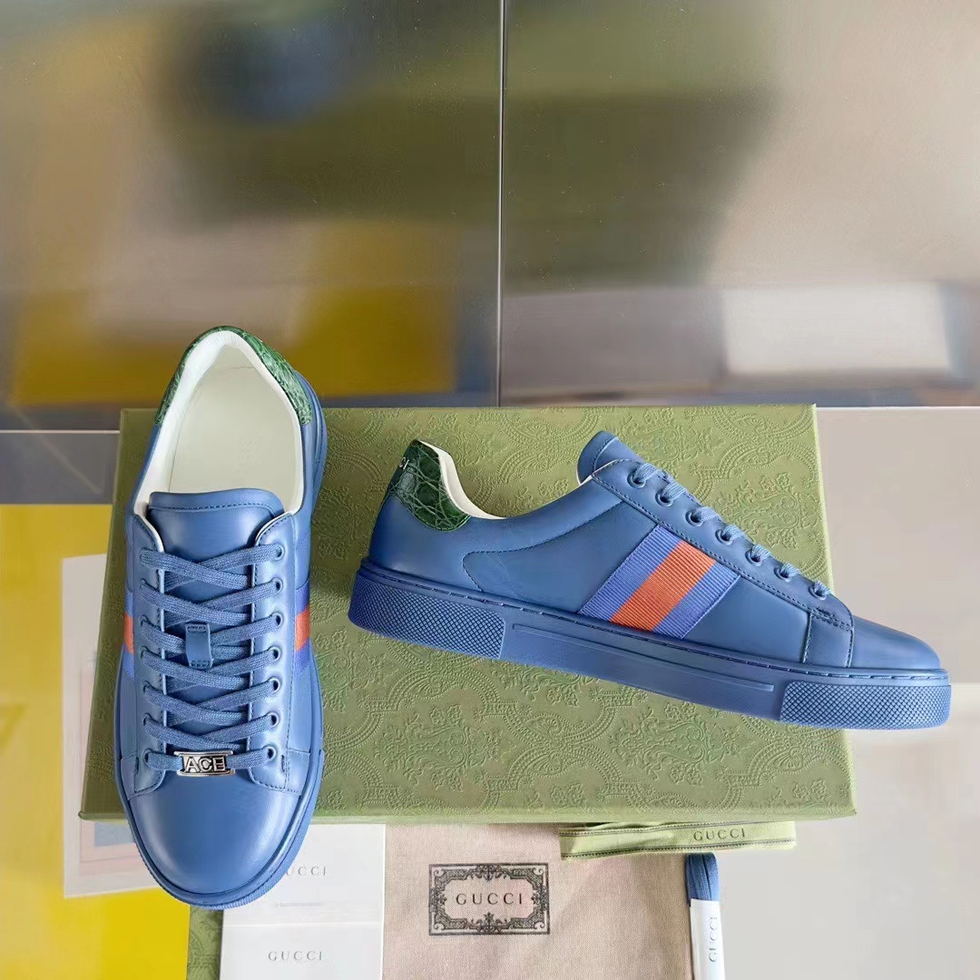 Gucci Unisex Ace GG Crystal Canvas Sneaker Blue Green Red Web Rubber Low Heel