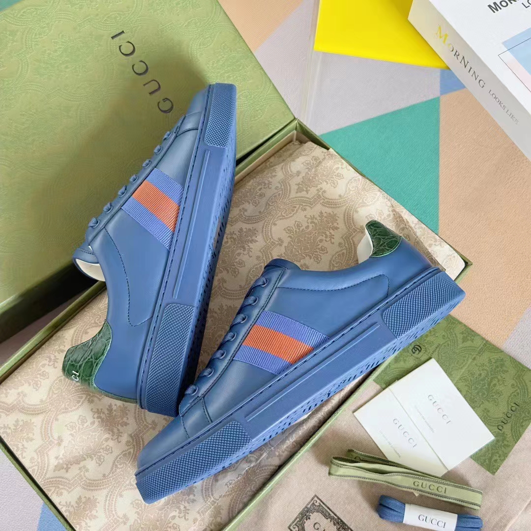 Gucci Unisex Ace GG Crystal Canvas Sneaker Blue Green Red Web Rubber Low Heel