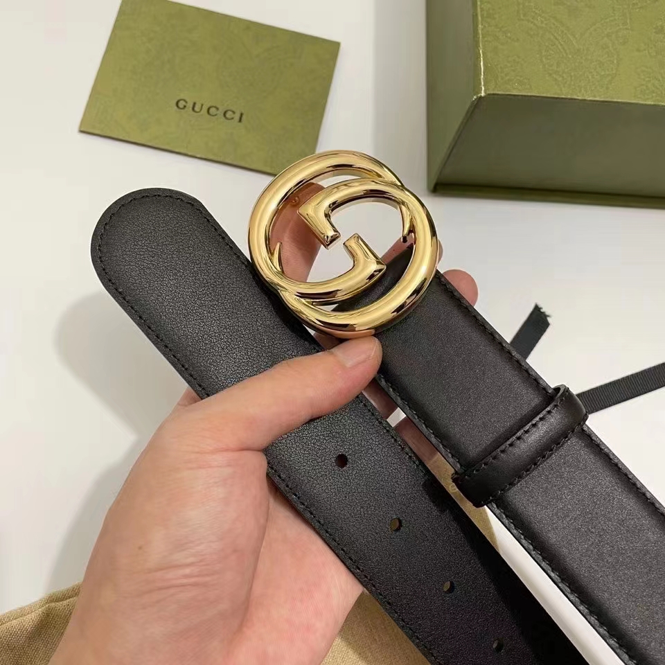 Gucci Unisex Blondie Belt Black Leather Round Interlocking G Buckle 4 CM Width