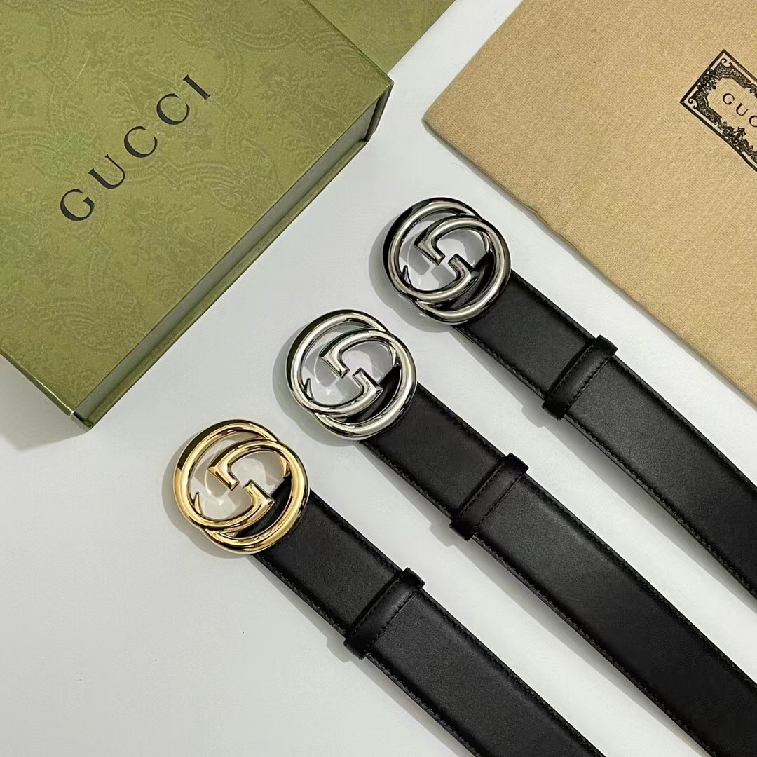Gucci Unisex Blondie Belt Black Leather Round Interlocking G Buckle Palladium-Toned Hardware 4 CM Width