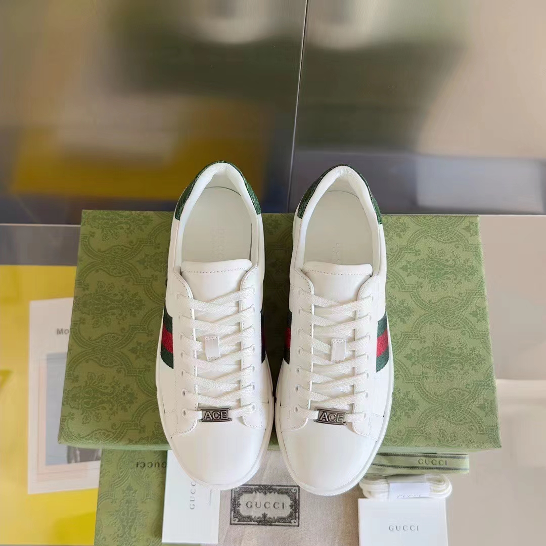 Gucci Unisex GG Ace Sneaker Web Blue White Leather Green Red Web Rubber Low Heel