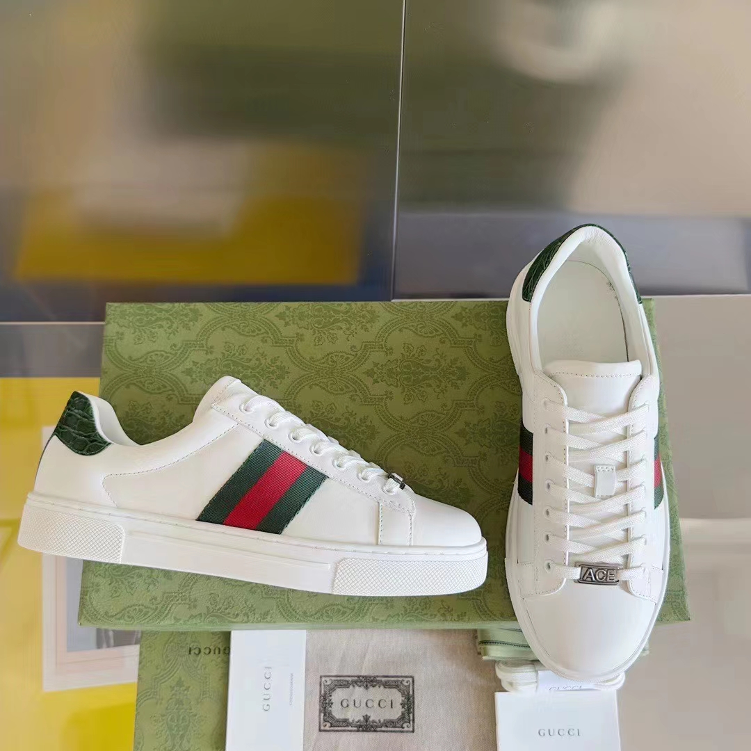 Gucci Unisex GG Ace Sneaker Web Blue White Leather Green Red Web Rubber Low Heel